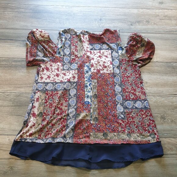 Patchwork Print Boho Women Top XL Naif Cold Shoulder Lightweight Blouse Sheer - Picture 6 of 6